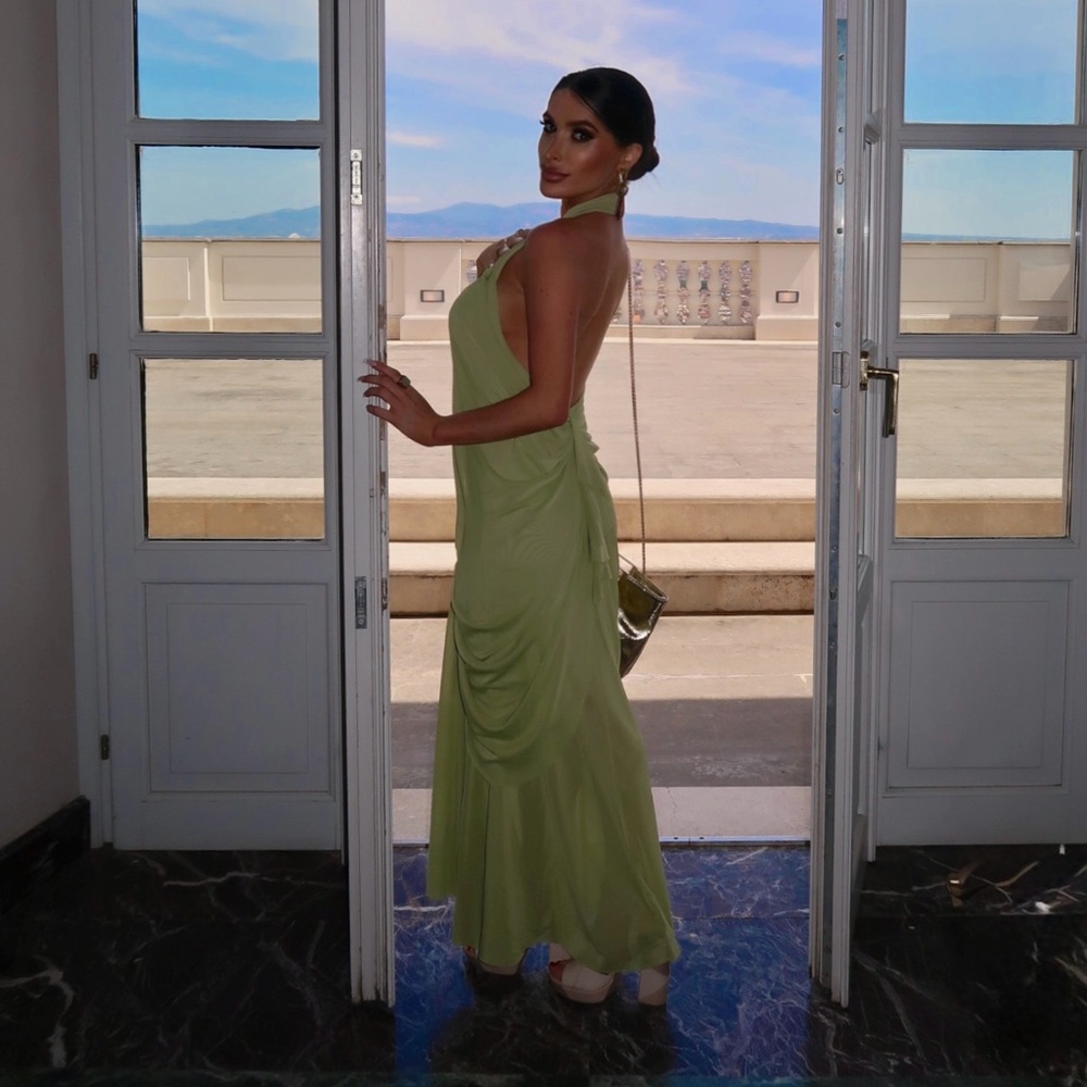 Asymmetrical One-Shoulder Draped Maxi Dress in Lime Green - Picture 6 of 7